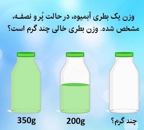 یک بطری آبمیوه داریم در حالتی که کاملا پر و همچنین در حالت نصفه ، وزن آن مشخص شده ، وزن بطری خالی چند گرم است؟